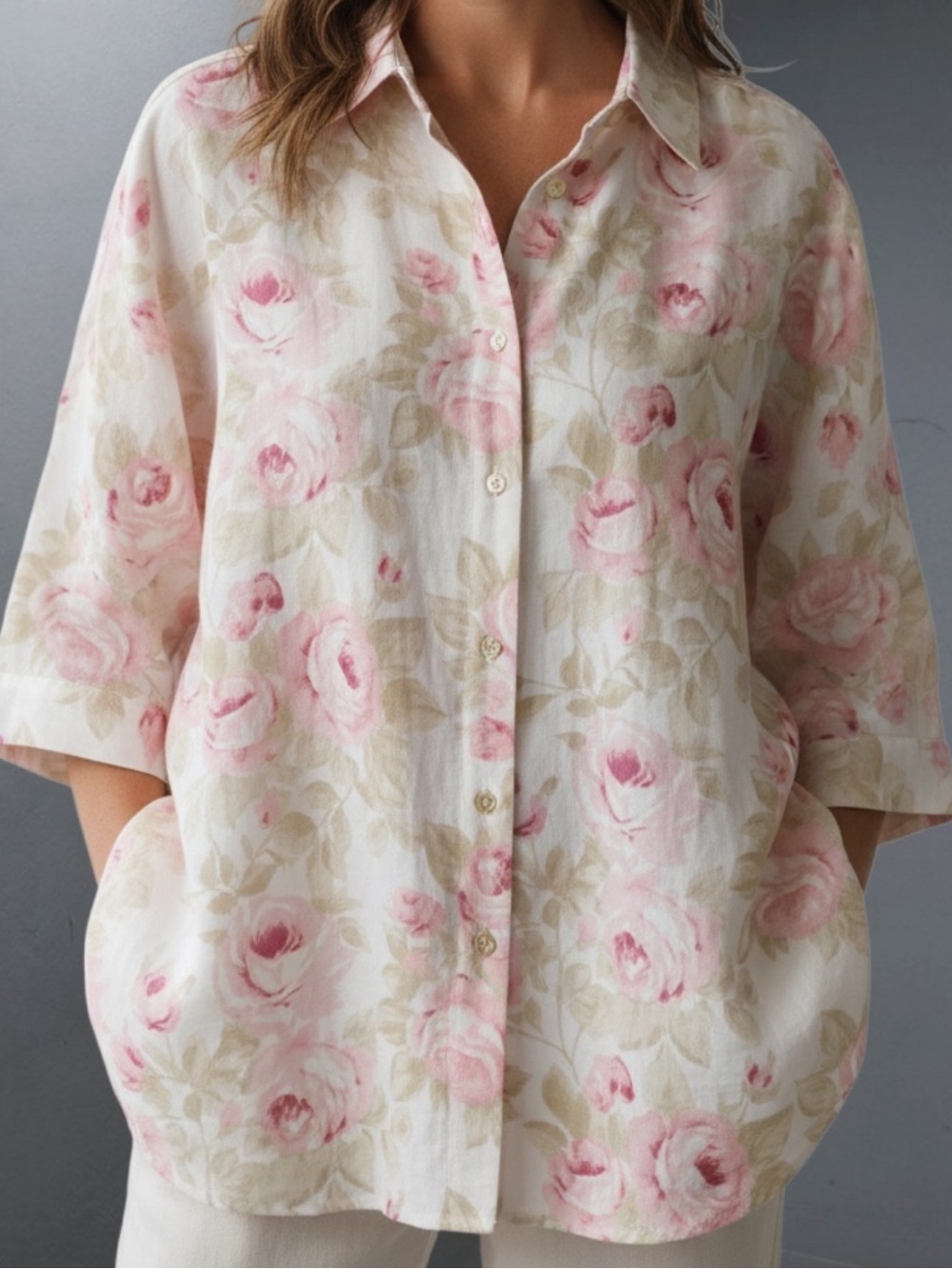 Hester & Orchard Flora Pink Linen Blend Button-Front Women's Top Blouse Size L - Picture 11 of 13